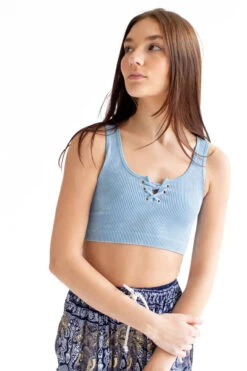 Washed Light Blue Lace Up Seamless Bralette