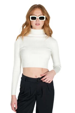 White Crop Ribbed Turtle Neck Sweater