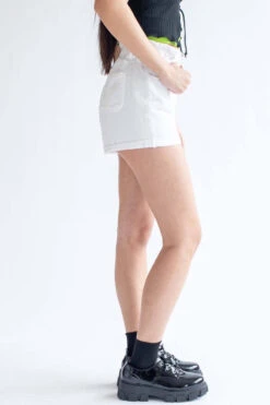 White Cuffed Paper Bag Waist Denim Shorts
