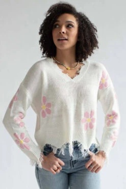 White Daisy Frayed Sweater