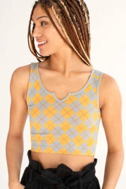 Mustard Argyle Seamless Crop Tank -Swimsuit Closet Sales Store yellow argyle seamless tank 2 65428.1666806131