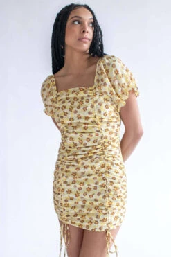 Yellow Spring Floral Cinched Mini Dress -Swimsuit Closet Sales Store yellow spring floral cinched mini dress 2 48427.1666805812